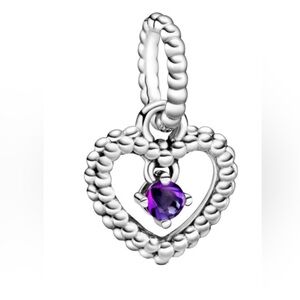 PANDORA February Purple Heart Dangle Charm in Sterling Silver With Pouch NEW